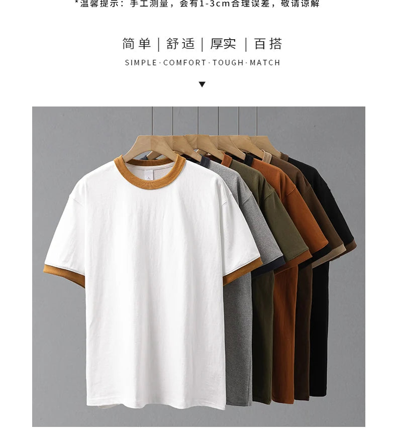 DUKEEN 320G Heavyweight Color-Blocked Patchwork Men's T-Shirt Summer 100% Cotton Solid Color Short Sleeve Basic Tops