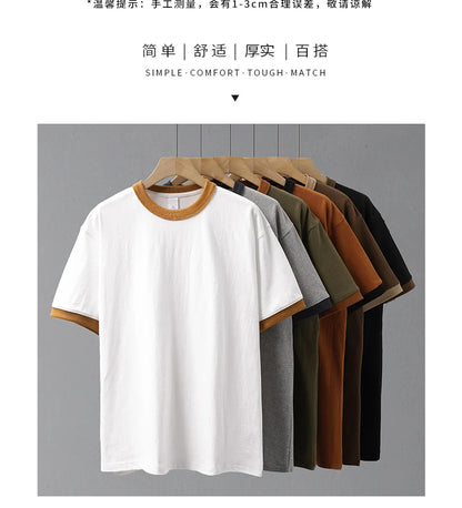 DUKEEN 320G Heavyweight Color-Blocked Patchwork Men's T-Shirt Summer 100% Cotton Solid Color Short Sleeve Basic Tops