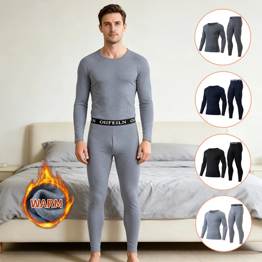 Men's Autumn/Winter Warm Underwear Set Solid Color Multi Color Round Neck Long Sleeve Top Letter Elastic Waist Casual Pants
