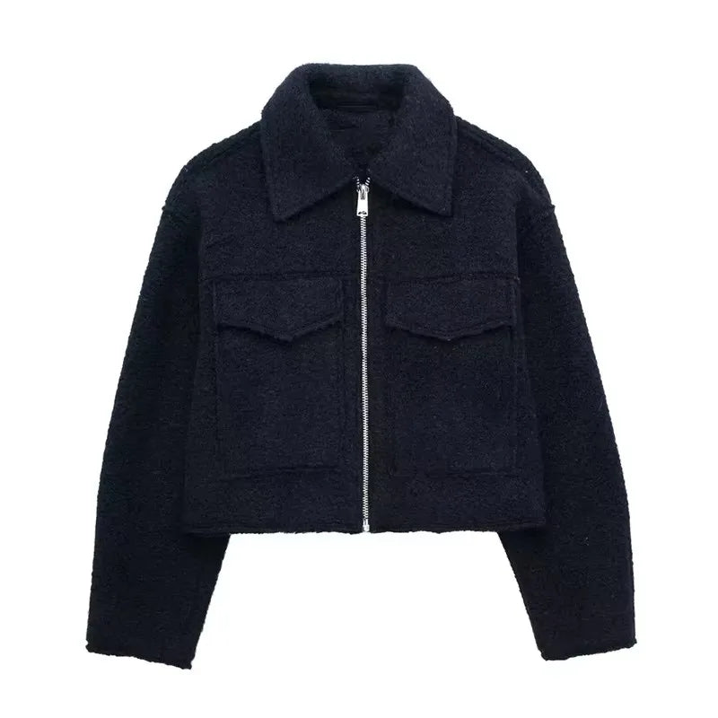 Women Zipper Jacket - Grey Vintage Lapel With Pockets | Casual Long Sleeve Outerwear
