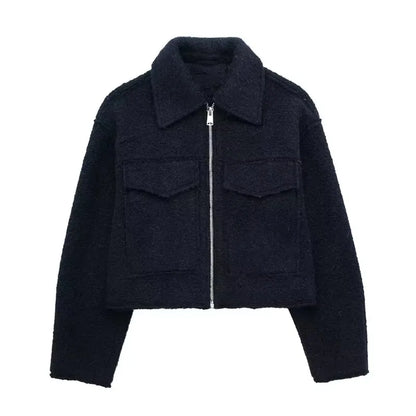 Women Zipper Jacket - Grey Vintage Lapel With Pockets | Casual Long Sleeve Outerwear