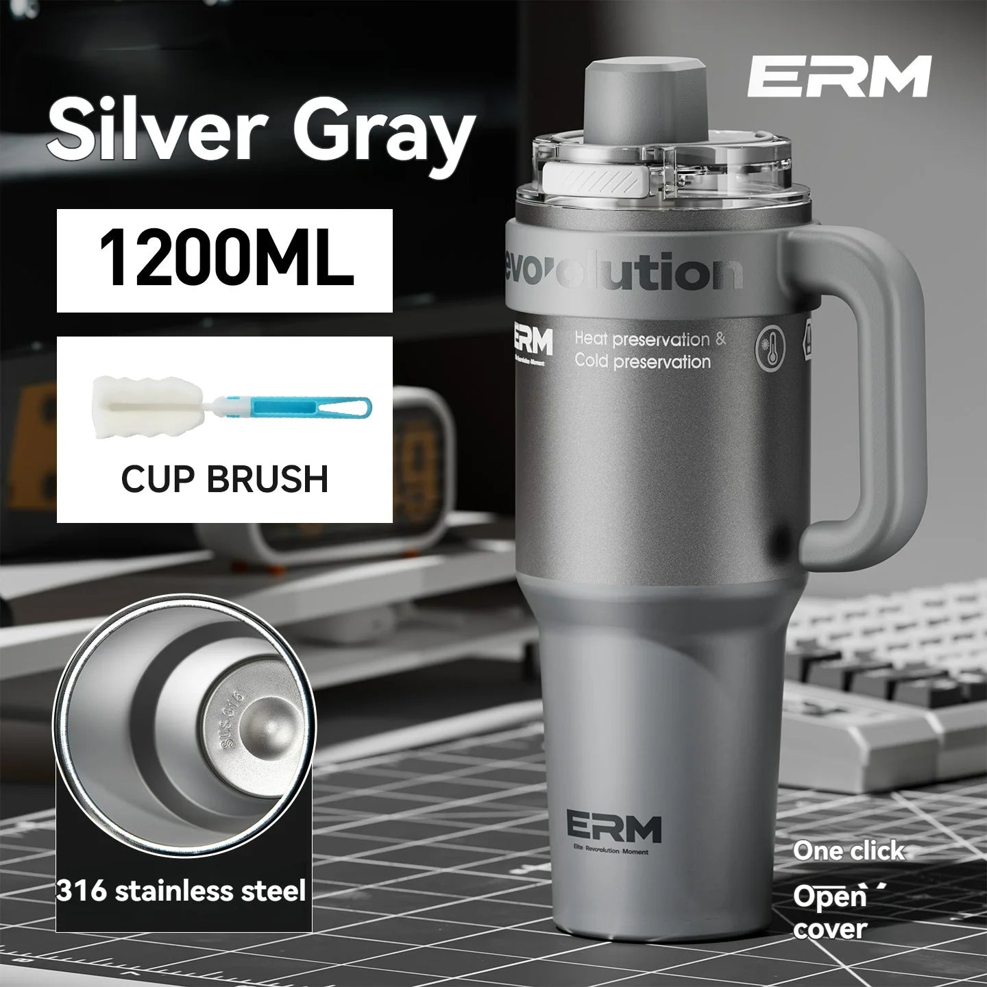 1200ML Extra Large Tumbler Ceramic Drinkware Stainless Steel Water Bottle Insulated Vacuum Flask Straw & Handle Leakproof Mug