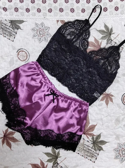 Sexy Womens Lace Sleepwear Lace Nachtkleding Lingerie Sleeveless V-Neck Babydoll Pajamas Set Lingerie Tops Shorts Set Nightwear