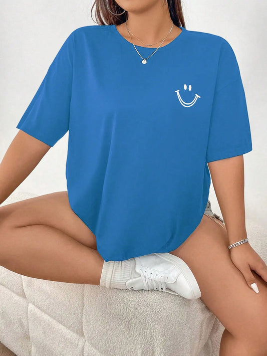 Plus Size Women's T-Shirt – Cartoon Print Drop Shoulder Tee | Polyester Outdoor Casual Wear