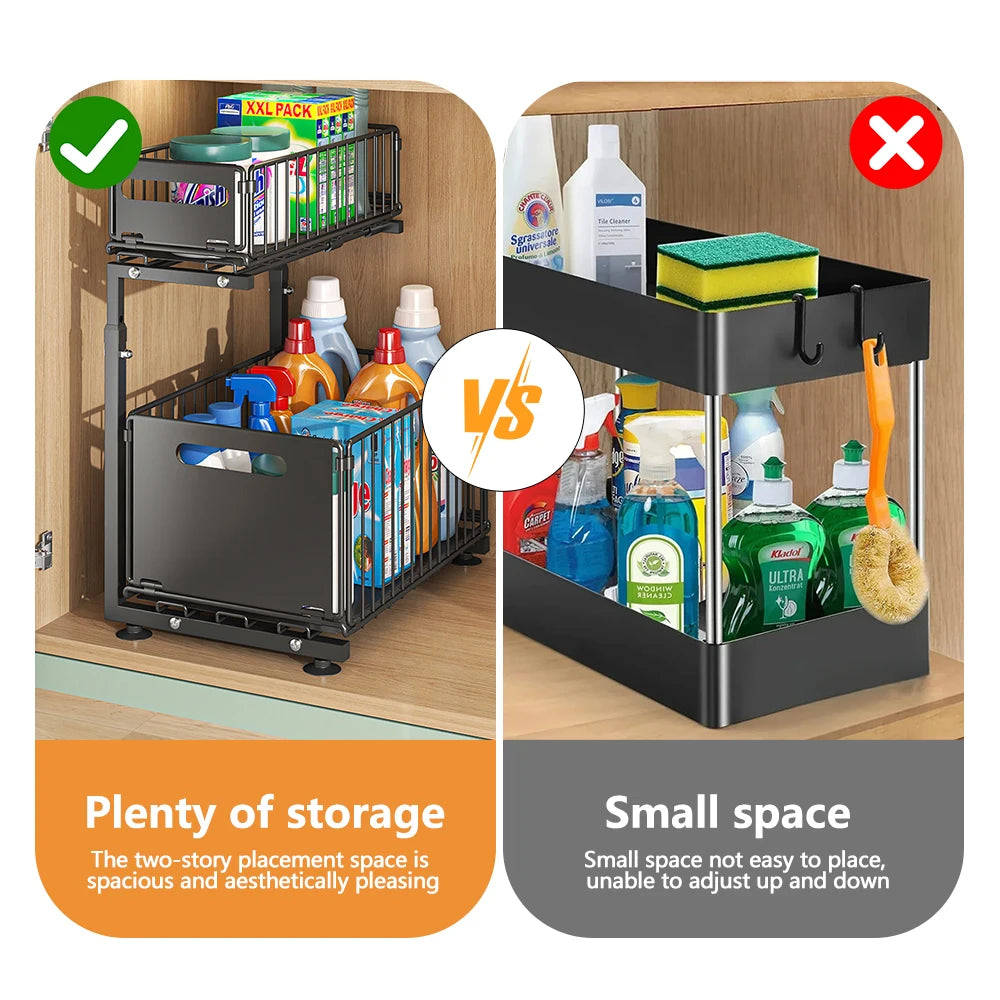 Adjustable 2-Tier Pull-Out Cabinet Organizer - Under Sink Storage Rack for Spice Jars - ZOOMNSTORE