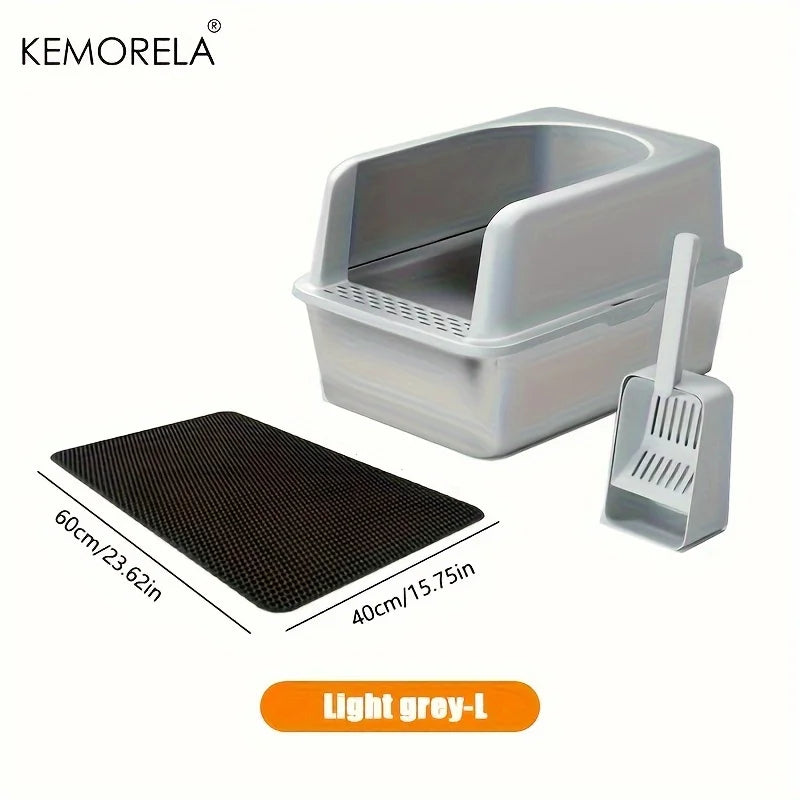Large Stainless Steel Closed Litter Box with Mat and Spade - High-Sided Cat Tray - ZOOMNSTORE