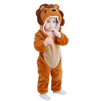 Baby Winter Rompers - Soft Polyester Hooded Jumpsuit With Animal Pattern, Machine Washable