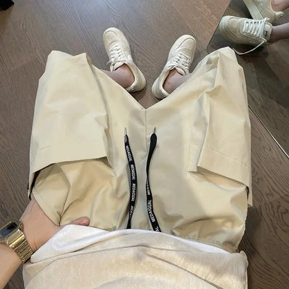 Men Cargo Shorts - Casual Streetwear Big Pocket Design Drawstring Waist Baggy Beach Shorts