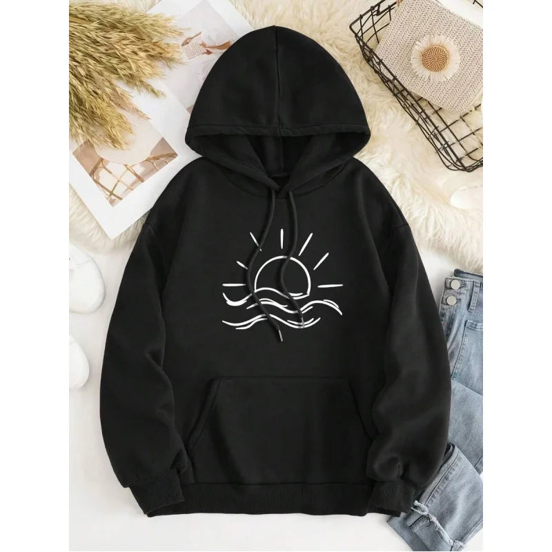 Women'S Sun Pattern Print Hoodie Casual Hooded Sweatshirt With Drawstring  Cartoon Style Fall/Winter Wear Outfit Unisex Top
