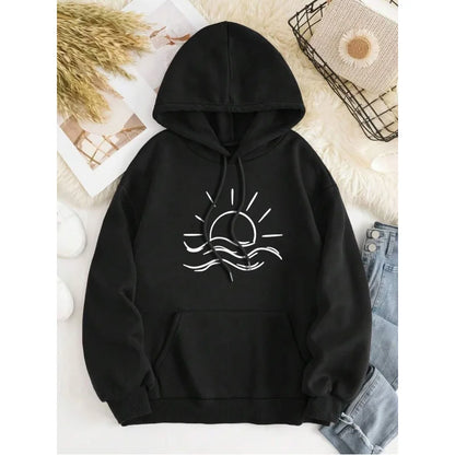 Women'S Sun Pattern Print Hoodie Casual Hooded Sweatshirt With Drawstring  Cartoon Style Fall/Winter Wear Outfit Unisex Top