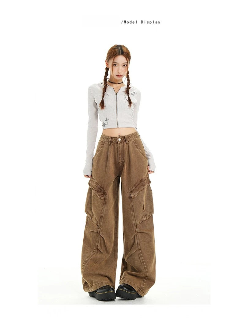Retro Casual High Waisted Baggy Cargo Jeans Women Washed Distressed Wide Leg Pants Brown Denim Y2K Streetwear Vintage Trousers