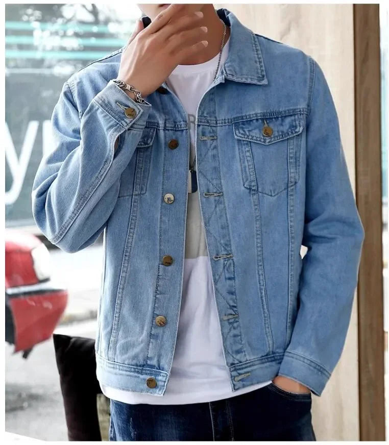 2025 New Men Pure Colour Denim Jacket Single-breasted Lapel Daily Casual Simple Coats