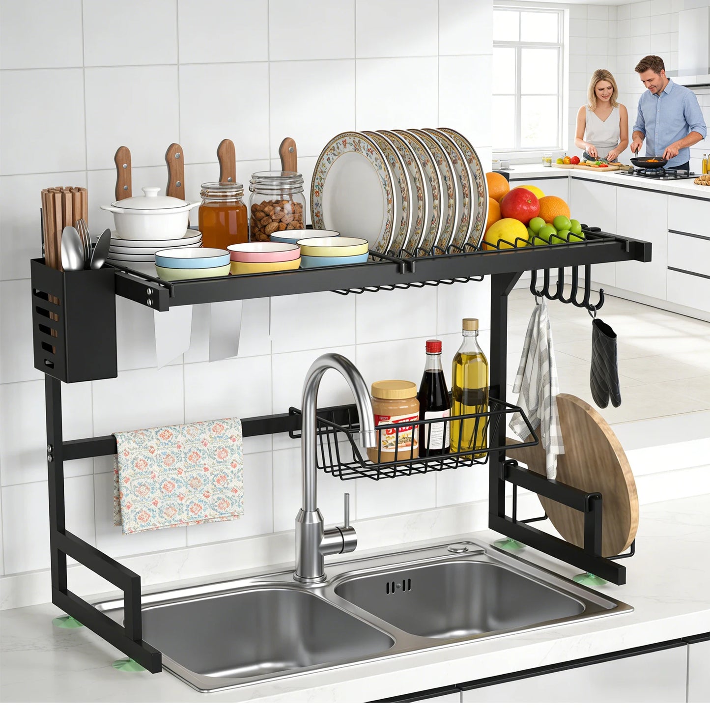 Dish Rack Above Sink - Two Tier Kitchen Draining Rack with Utensil Holder, Large Capacity