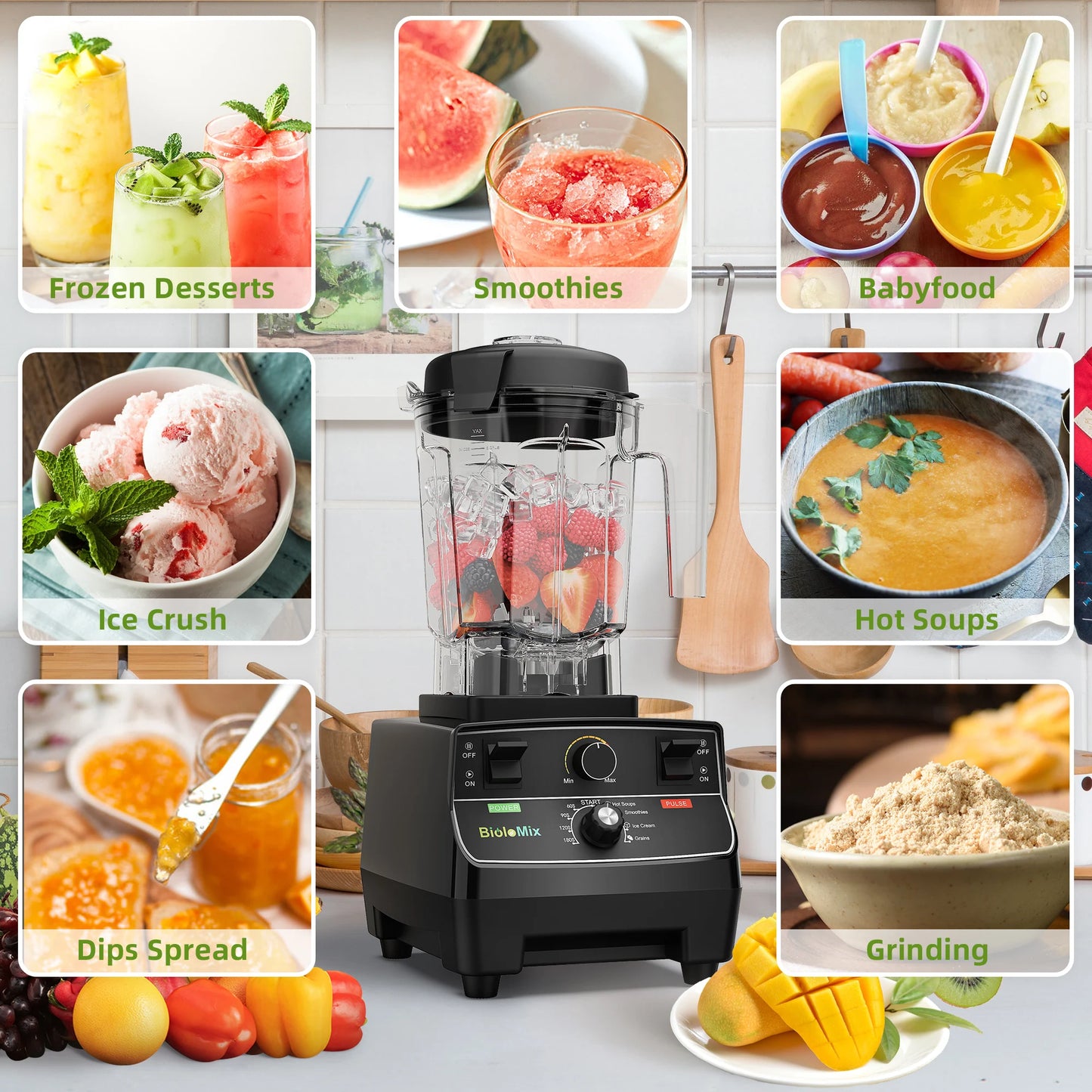 BioloMix 2200W Professional Blender - Smart Timer 2L Jar Mixer Juicer Ice Crusher