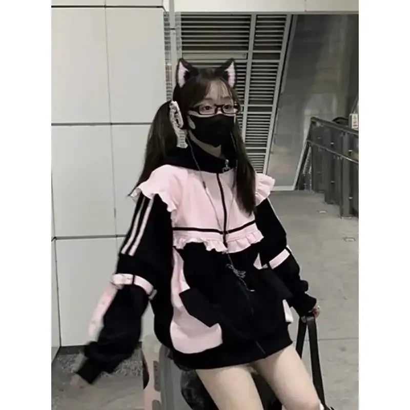 Japanese Sweet Coats Y2K Clothing Hoodie Women Tops Autumn and Winter Color Match Splicing with Thick Velvet Cardigan Jackets