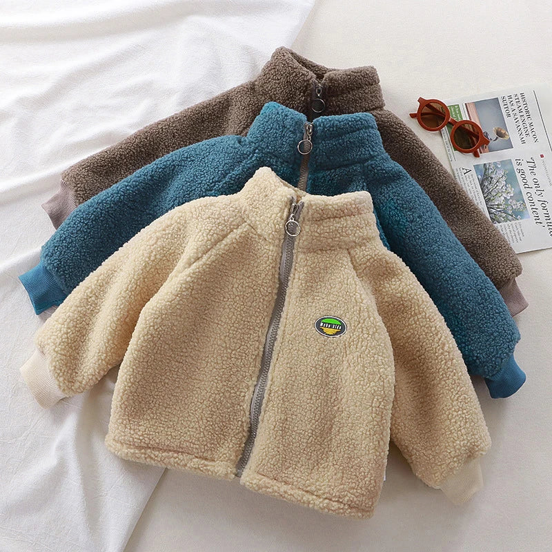 Children Plush Jacket Winter Baby Clothes Windproof Warm Thicken Velvet Kids Coat Boy Girl Toddler Lamb Fleece Turtleneck Tops