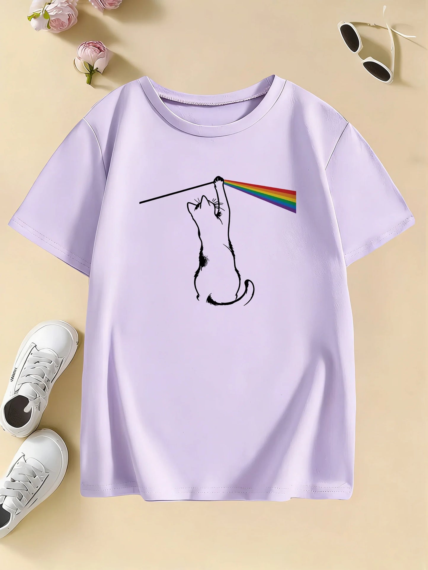 Fashion Rainbow Cat Design Printed T Shirts Kids Children's T-shirt Boys Girls Summer Spring Casual Top Tee
