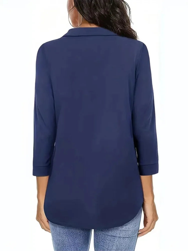 Ladies' spring and summer style shirt, ladies' casual style, loose V-neck, three-quarter sleeve, pure color loose top, DF5012