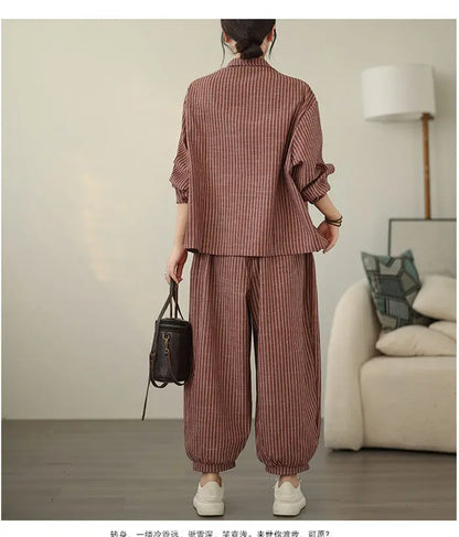 Retro Stripe Cotton And Linen Suit 2024 Women's Autumn Temperament Casual Wide Leg Harem Pants Loose Oversized 2 Piece Set K2478