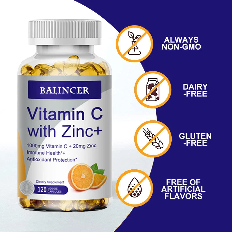Vitamin C with Zinc, Bioavailable, Ascorbic Acid, Zinc Oxide, Non-GMO and Gluten-Free Supplement