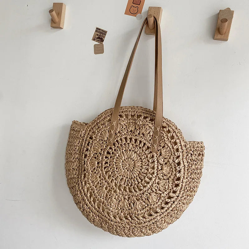 Vintage Woven Straw Beach Bag - Handmade Raffia Rattan Shoulder Bag