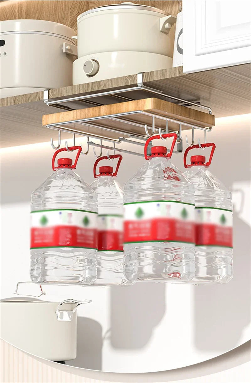 Kitchen Organizer Rack - Stainless Steel Hanging Kitchen Rack with Hooks for Cutting Board, Paper Towel & Pot Lid Storage