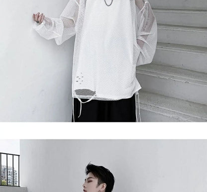 2024 Summer Dark Hollowed Out Mesh Hoodies T-shirt For Men Women Long Sleeves Loose Hooded Mesh Transparent Shirts