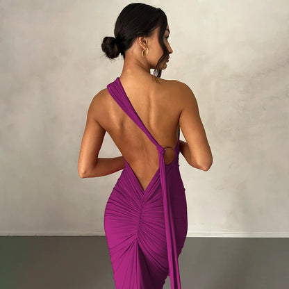 Hugcitar One Shoulder Backless Adjustable Scarf Loop Ruched Sexy Maxi Dress Women Elegant Y2K Streetwear Festival Outfit