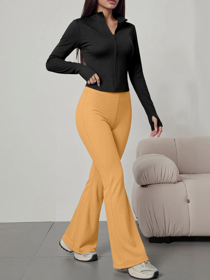 European American Women Ribbed Knit Two Piece Set, Long Sleeve Zip Top With High Waist Flare Pants, Casual Slim Daily Outfit