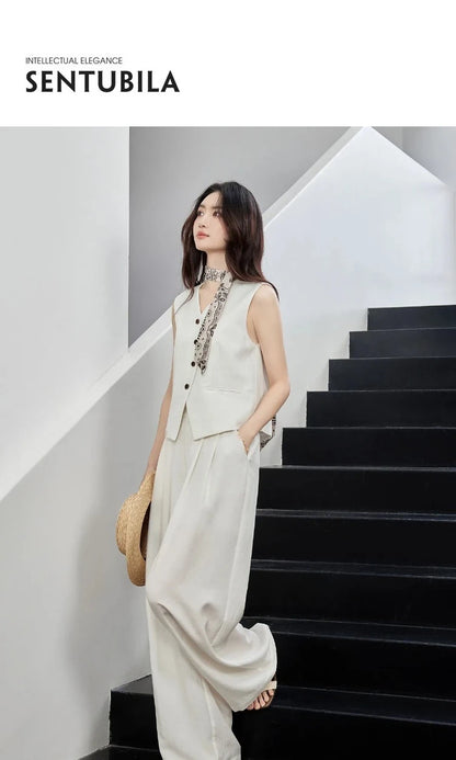 SENTUBILA Office 2 Piece Pant Set 2026 Women Linen Blend Summer Suit V Neck Waistcoat Wide Leg Baggy Pant Print Scarf 162ZA5663Z