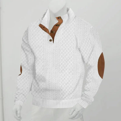 Men's Waffle Knit Quarter Zip Pullover with Contrast Trim and Elbow Patches Casual Long Sleeve Sweater