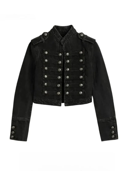 Y2K Retro Hussars Jacket Stand Collar Double Breasted Button Cropped Jacket Napoleon Old Money BLK Denim Jacket Women Boxy Coat