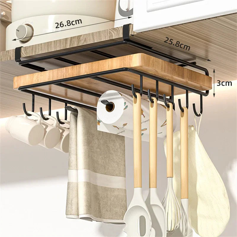 Kitchen Organizer Rack - Stainless Steel Hanging Kitchen Rack with Hooks for Cutting Board, Paper Towel & Pot Lid Storage