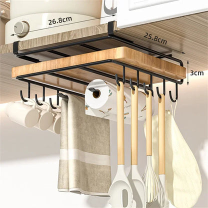 Kitchen Organizer Rack - Stainless Steel Hanging Kitchen Rack with Hooks for Cutting Board, Paper Towel & Pot Lid Storage
