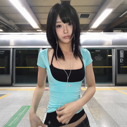 Karrram Japanese Y2k Fake Two-piece T-shirt 2000s Style Short Sleeve Halter Top Vintage Harajuku Patchwork Tshirt American Retro