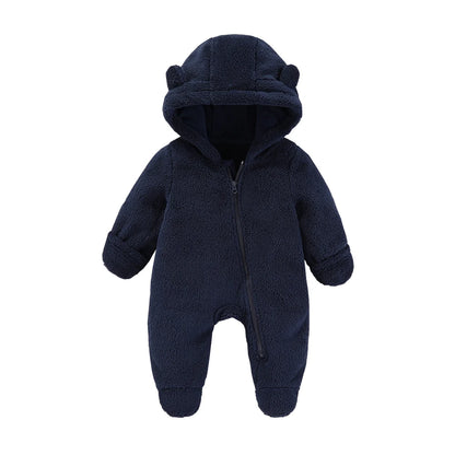 Baby Flannel Rompers - Soft Hooded Infant Jumpsuit With Cartoon Print, Warm Winter Wear