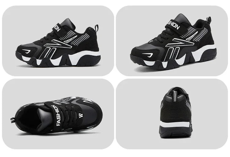 Boys Leather Sneakers - Kids Running Shoes With Rubber Outsole & Hook And Loop Closure