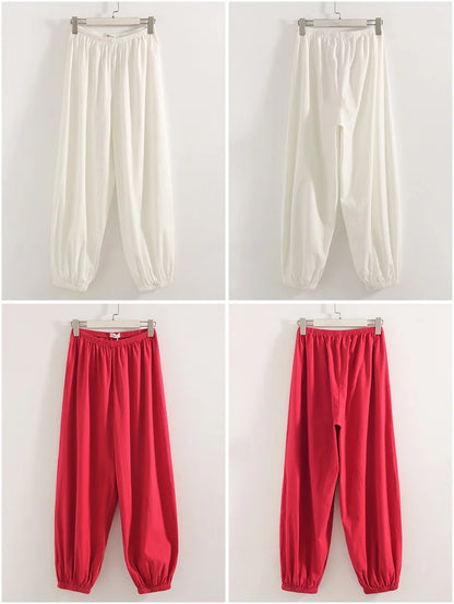 Wide Leg Red Pants For Women Cotton Long Bloomers White Autumn Elastic Waist Lantern Trousers Women Straight Practice Pants Lady