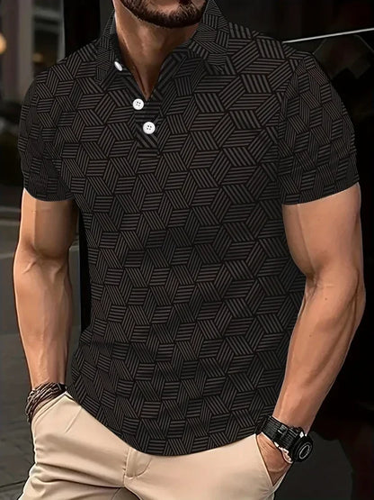 Men's Summer Polo Shirt - Black White Polka Dot Short Sleeve Casual Collar
