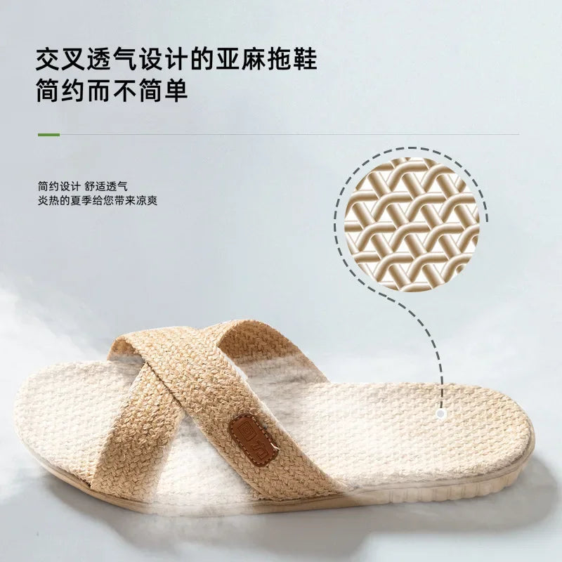 Men Shoes Slippers Linen Home Indoor Open Toe Flat Shoe Beach Slippers Striped Spliced Rubber Sandals Zapatillas Hombre
