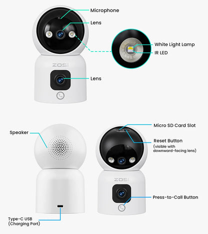 ZOSI C528 6MP/4MP HD Dual-Lens Indoor WiFi Security Camera Plug-in 360° Views Pan/Tilt Home Surveillance Baby/Pet Dog Monitor