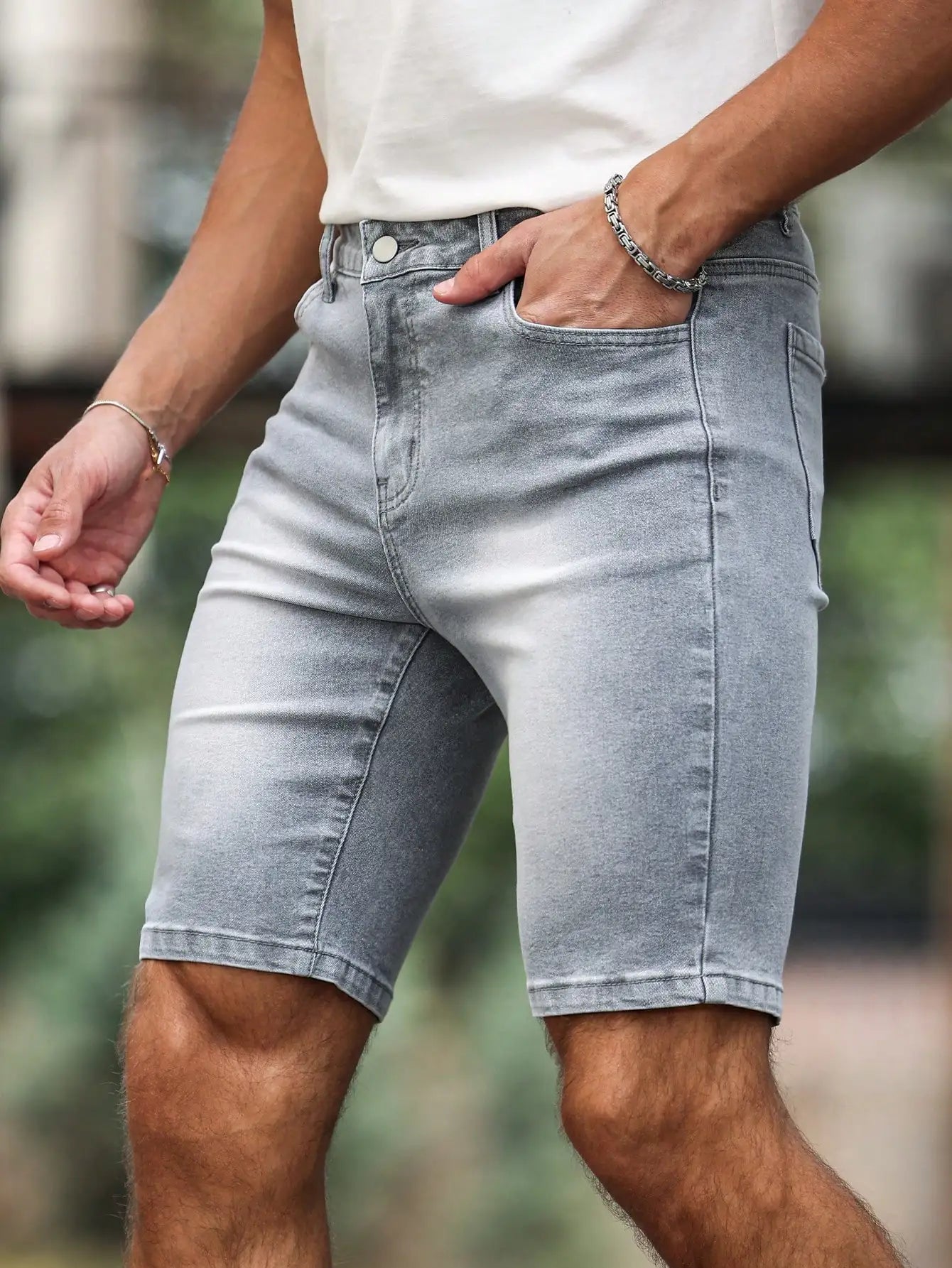 Men's Denim Shorts – Gray Skinny Fit, Knee Length Casual Summer Shorts