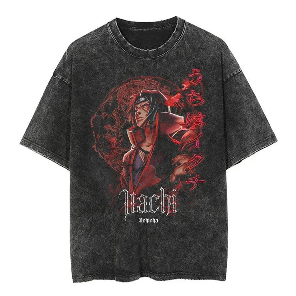 Men Streetwear Tshirt Japanese Naruto Anime Graphic T-Shirt Cotton Harajuku Washed T Shirt Summer Hip Hop Tops Tees Black