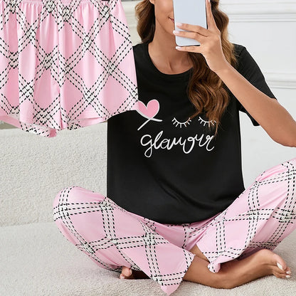 Women's Pajamas Home Suit Soft Comfort Nightwear Loungewear Autumer Crew Neck Tops and Shorts Pajama Pants 3 Piece Pyjama Femme