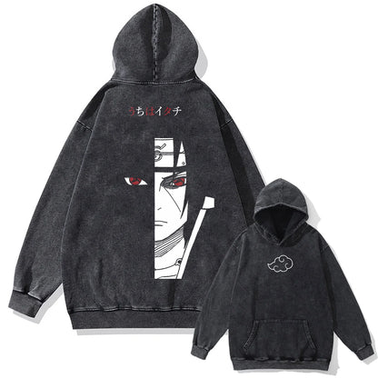 Men Washed Hoodie Sweatshirt Japanese Anime Naruto Print Hooded Pullover Hip Hop Harajuku Streetwear Cotton Vintage Hoodie