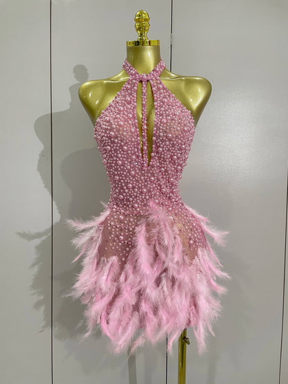 Backless Halter Dress - Women's Party Mini Sheath With Rhinestone & Feather Details