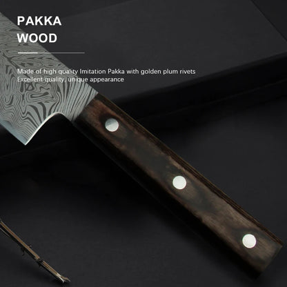 Damascus Chef Knife - Japanese Santoku Slicing Knife with Solid Wood Handle