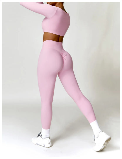 Women Yoga Suit - Quick Dry Gym Tracksuit With Long Sleeve Top & High Waist Leggings