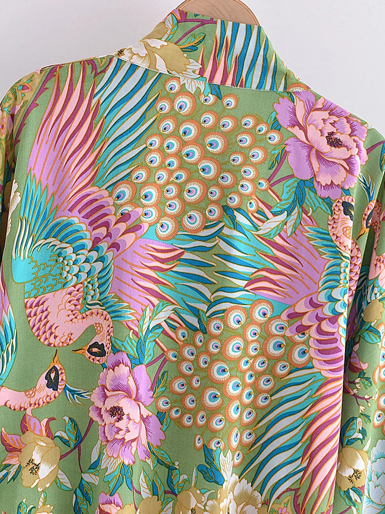 Boho Queens Women Peacock Floral Print Outfits Short Kimono Robe Bohemian Suits Wide Leg Pants 2 Pieces Rayon Boho Sets Swimsuit