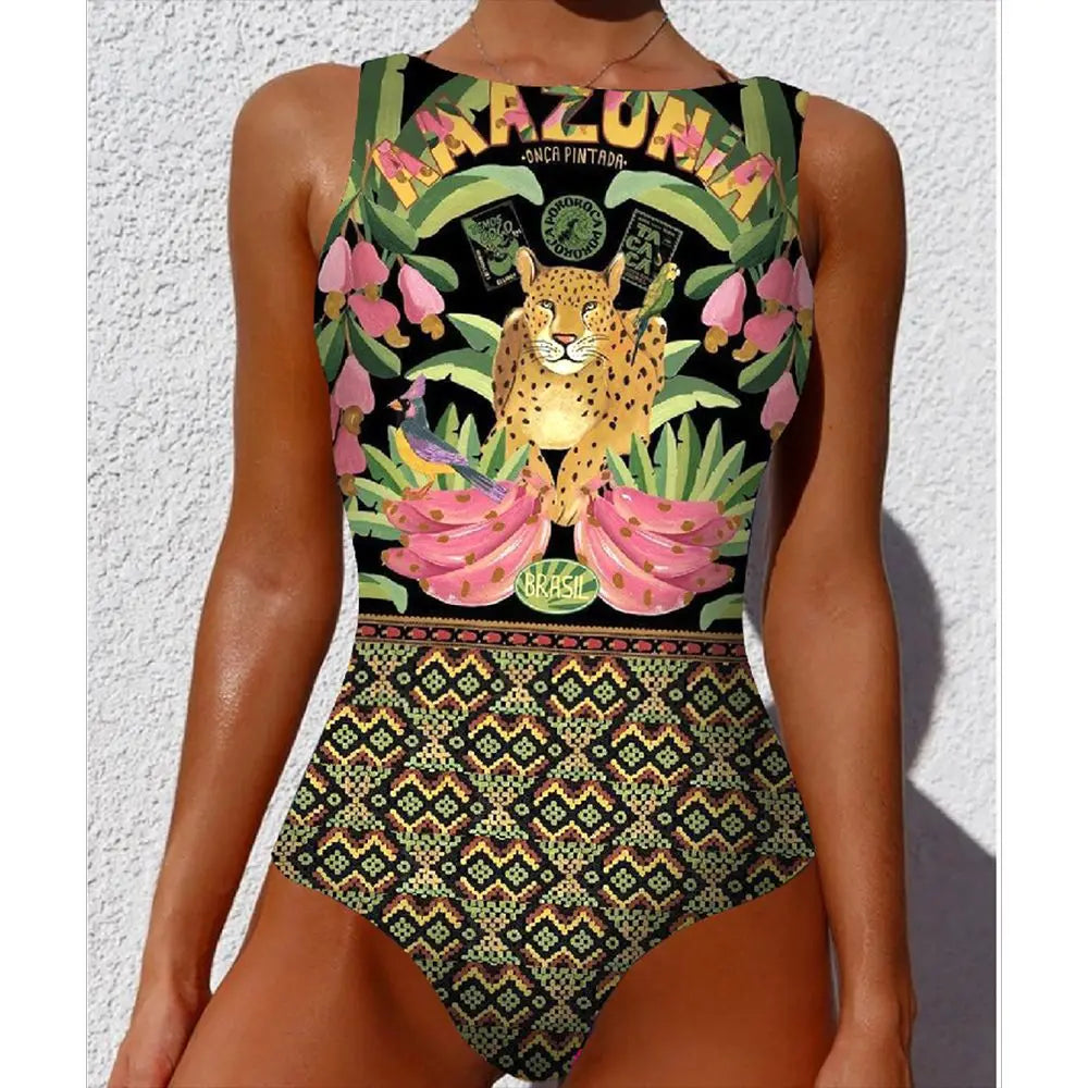 2026 New Printed One-piece Swimsuit Classic Printed Lace Up Swimsuit Women's Push Up Flower One-piece Suit Beach Wear For Female